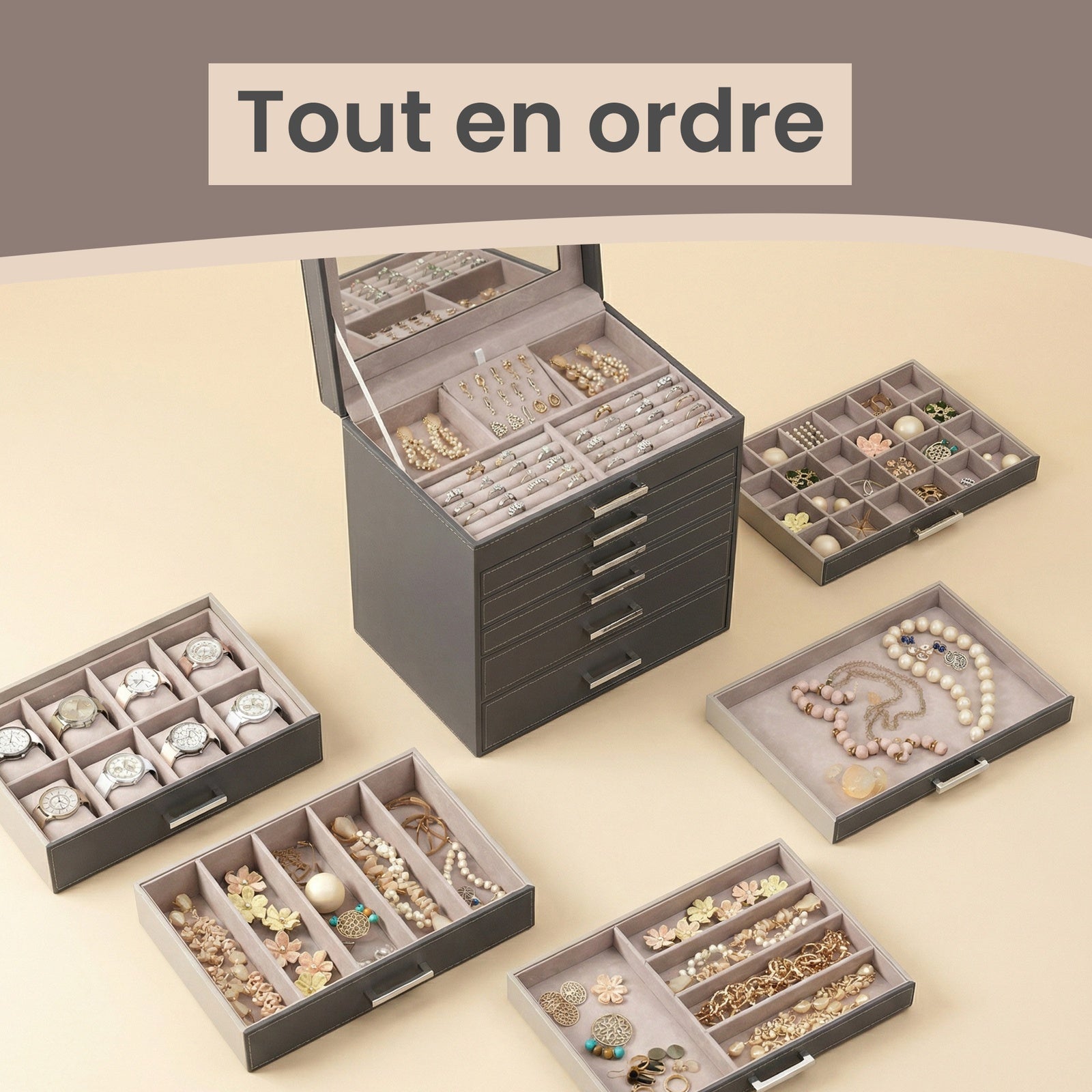 JOYFURNOS Boîte à Bijoux 6 Niveaux, Écrin à Accessoires, avec Grand Miroir, 5 Tiroirs, Rangement pour Bijoux, Moderne, Gris