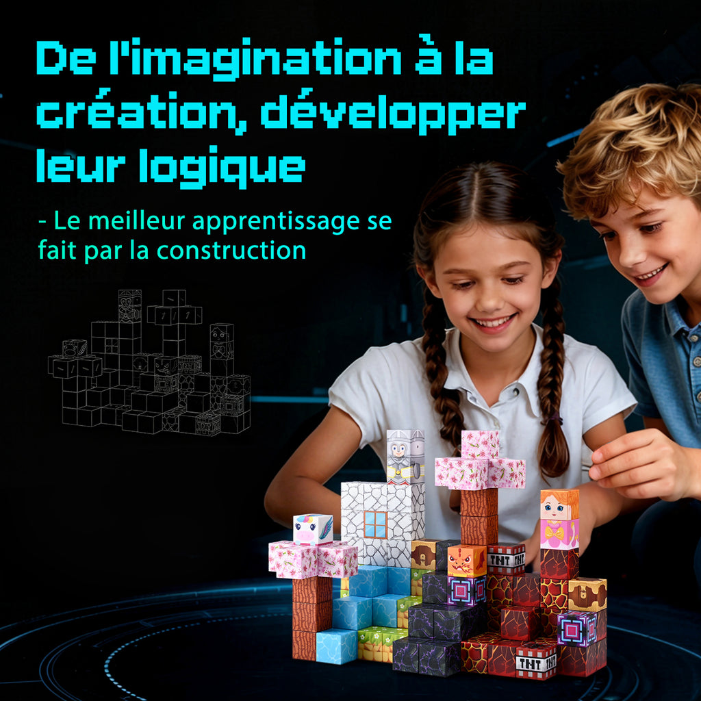 Tokky 100 pièces Blocs magnétiques Mine World Blocs de pixels Jouets d'éveil STEM Montessori Matériau ABS sûr magnétique puissant Blocs de construction d'aventure créatifs Emballage en