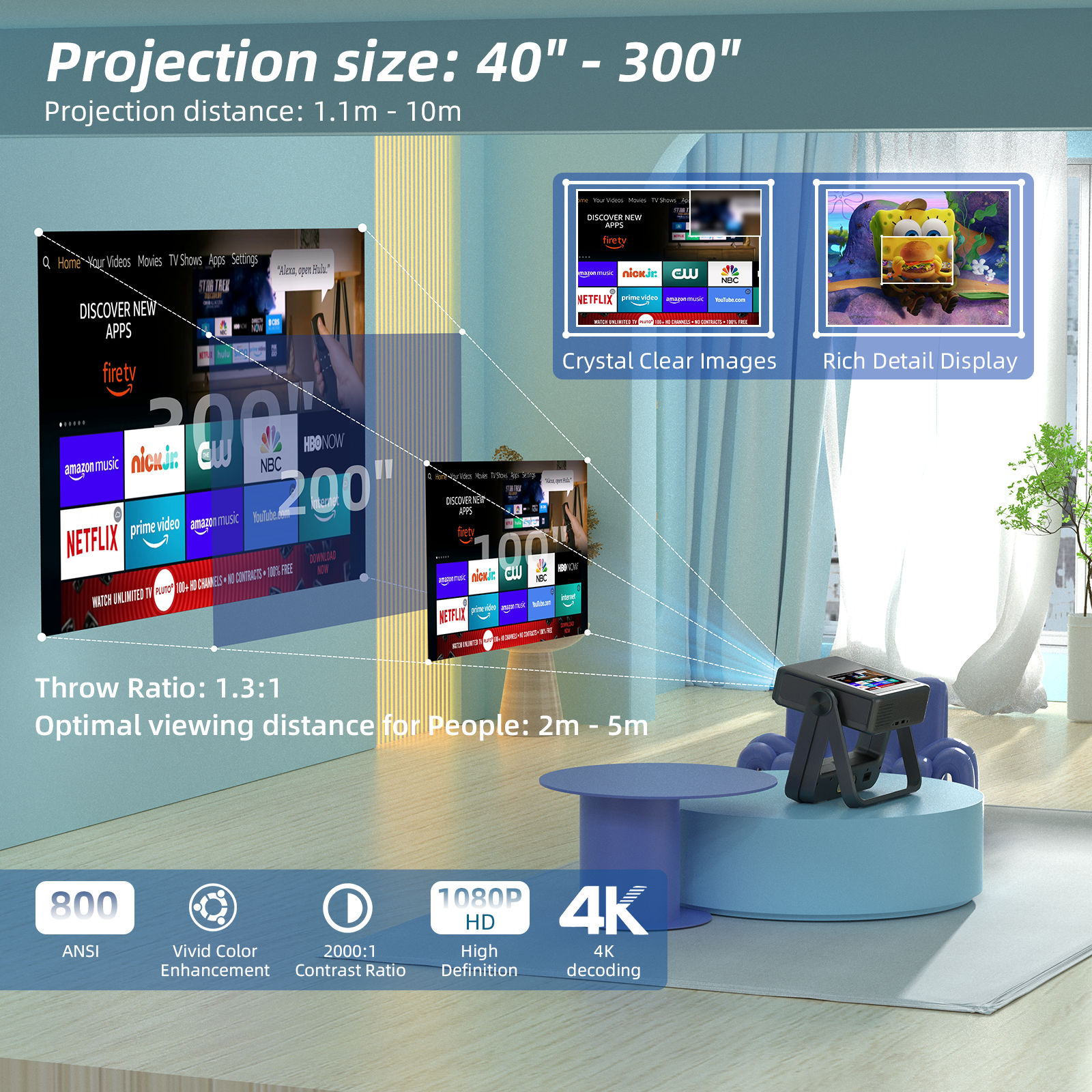 XBJ Projecteur d'extérieur XBJ avec tablette tactile, écran de 300 pouces, 1080P/4K, avec système Android, 900 ANSI, WiFi 6, compatible avec PS5/Switch, A5Pro - Gris