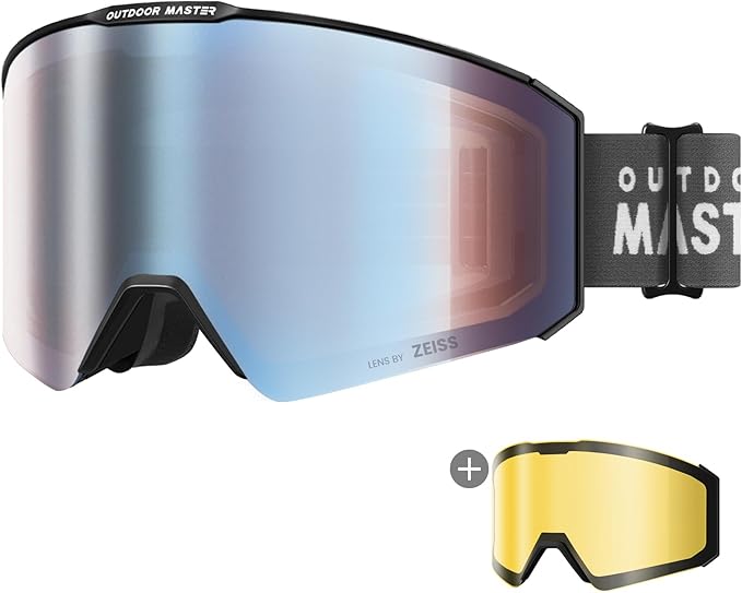OutdoorMaster Falcon Zeiss - Ensemble de lunettes de ski, cadre noir, uniforme, ML Bleu Gelé, VLT 18,6 %, pour adultes