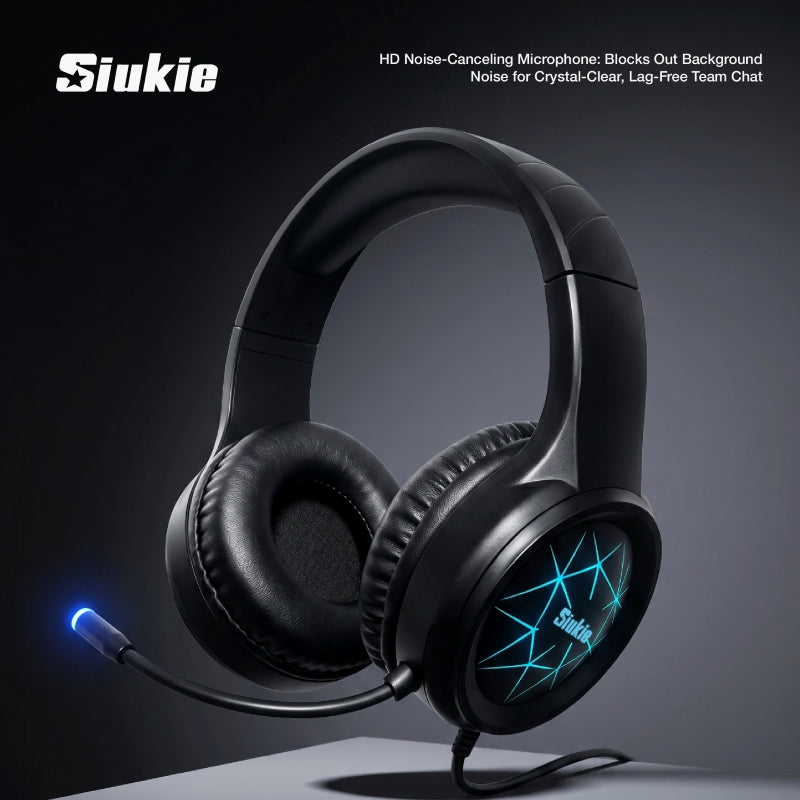 Siukie CH25 Casque de jeu avec micro antibruit, casque circum-auriculaire filaire à transducteurs 50 mm avec USB et jack 3,5 mm, rétroéclairage LED Bleu, son stéréo enveloppant