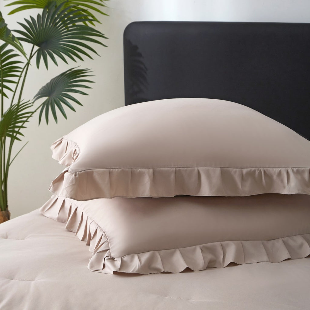 Meeallhome Ensemble de couette, parure de lit vintage à volants 240 × 220 cm / 65 × 65 cm × 2 Kaki
