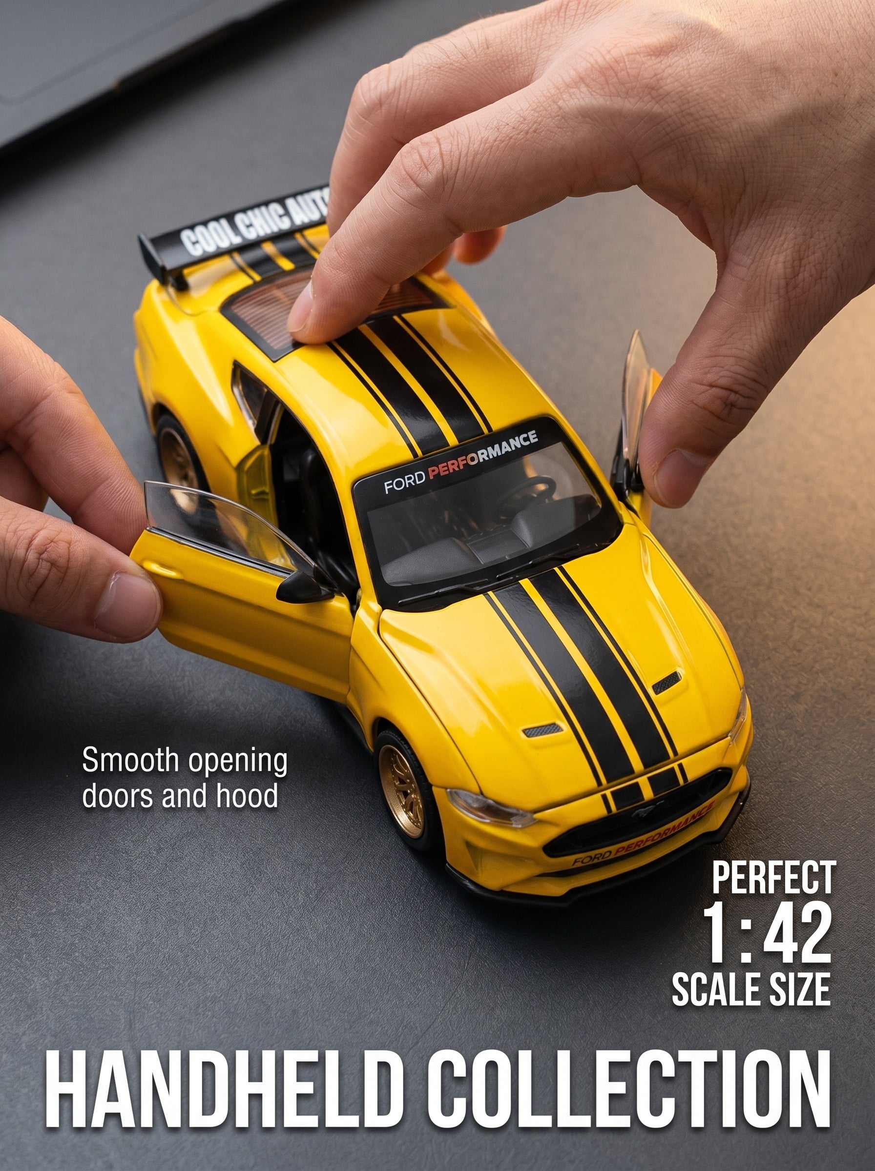 CCA Voiture miniature 2018 Ford Mustang GT jaune classique à l'échelle 1:42 – Kit DIY avec portes ouvrantes et pièces interchangeables ; un modèle réduit de collection de grande valeur
