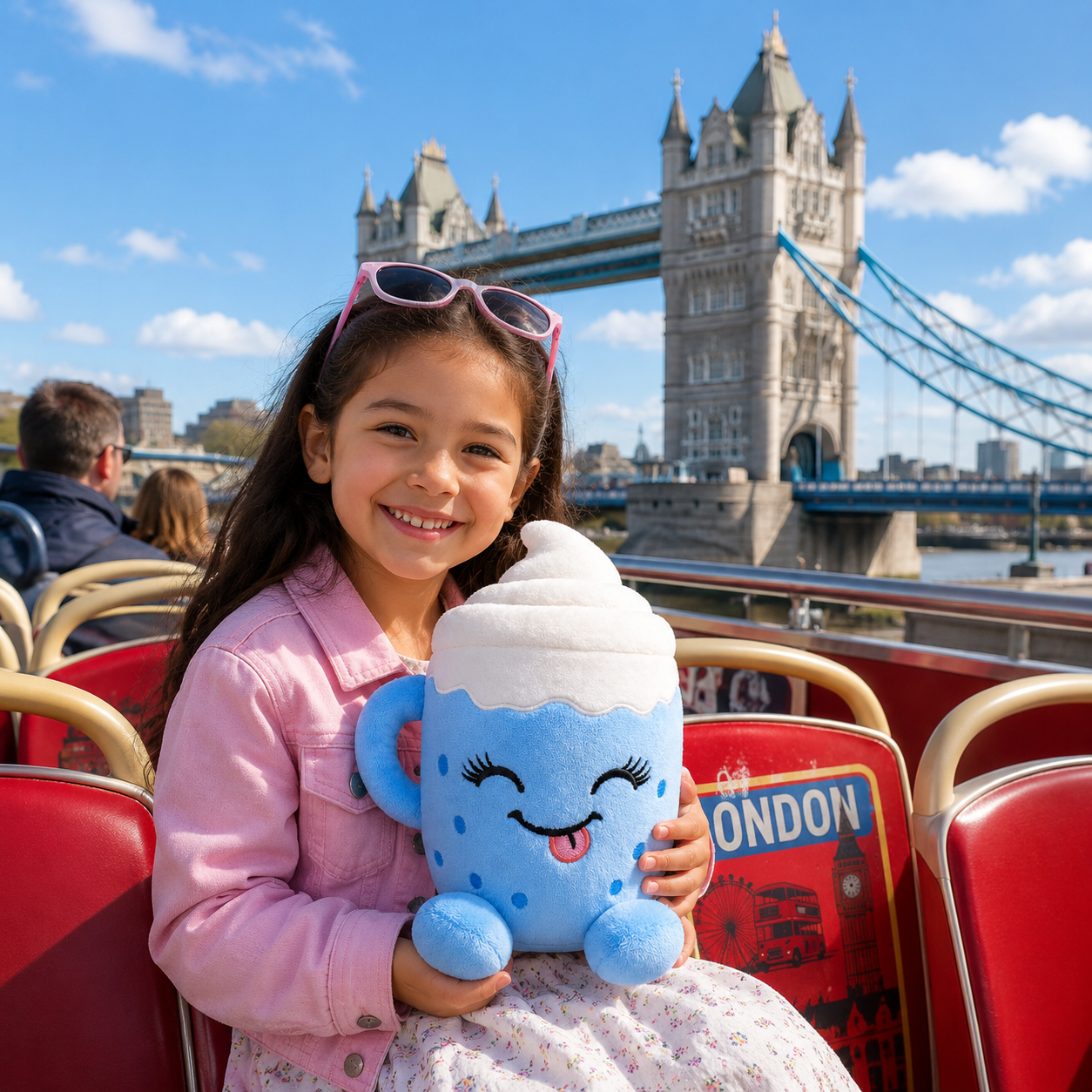 Flooffees Mug en peluche Bleu de Londres – Jouet mignon et doux de style kawaii avec nappage à la crème fouettée, compagnon de bureau câlin de 25 cm, décoration pour chambre et cadeau pour enfants