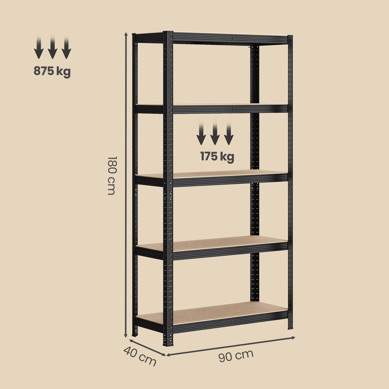 JOYFURNOS Étagère de rangement en acier à 5 niveaux, pour garage et abri de jardin, capacité de charge 875 kg, noir