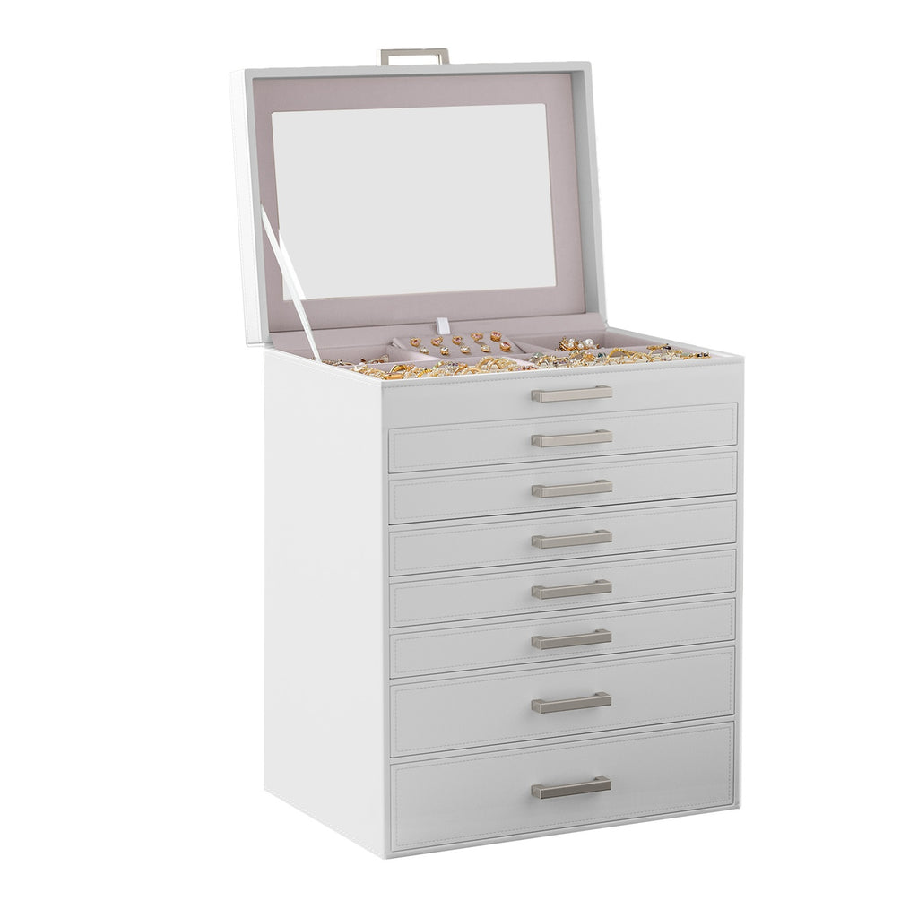 JOYFURNOS Grand Organisateur de Boîte à Bijoux à 8 Niveaux avec Compartiment de Rangement Dédié pour Montres, Design de Tiroir Empilable avec Plateau en Verre Transparent