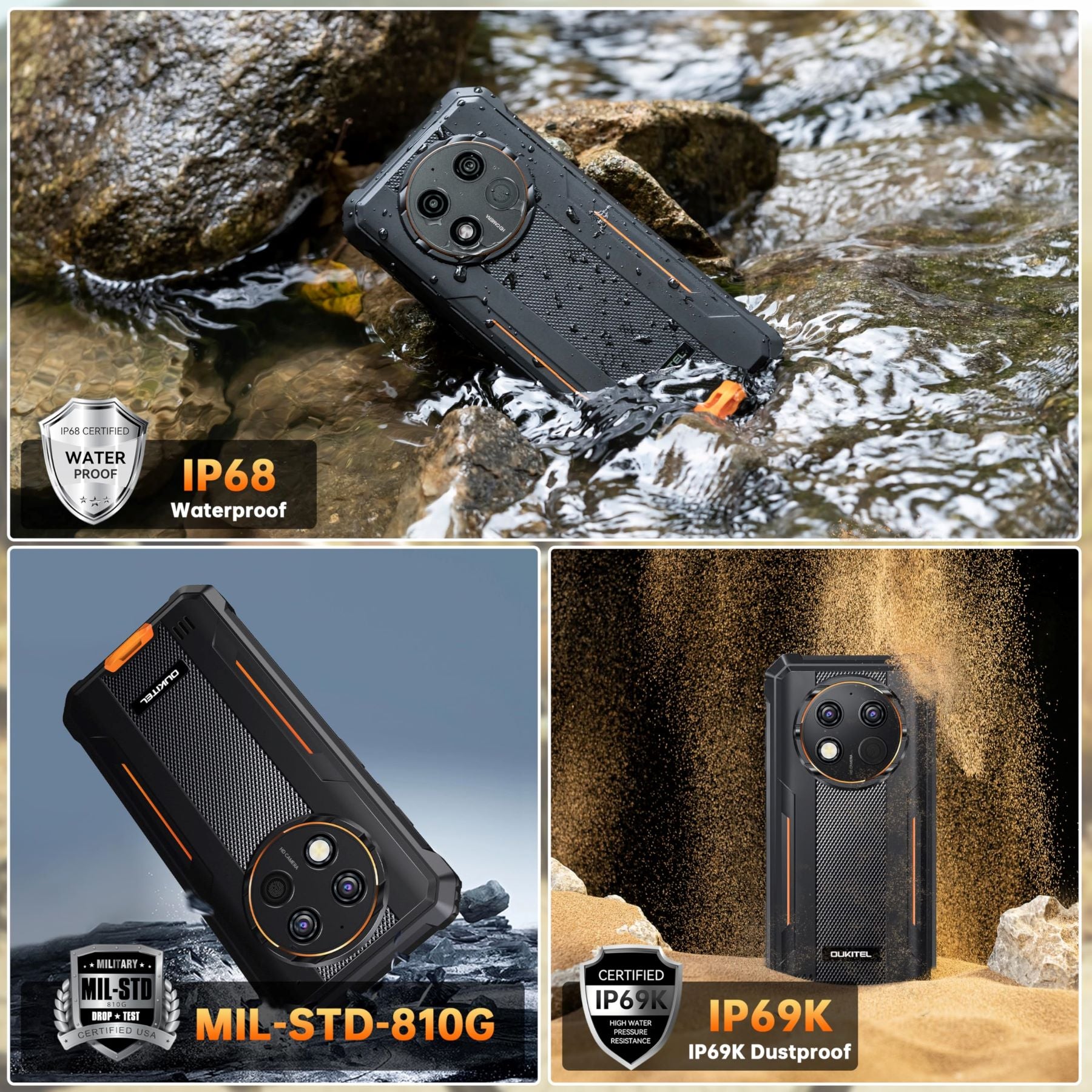 OUKITEL G1 Téléphone Rugged Noir 6,52 Pouces 10600 mAh Grande Batterie Caméra 48 MP (24+256 Go) Double SIM, NFC