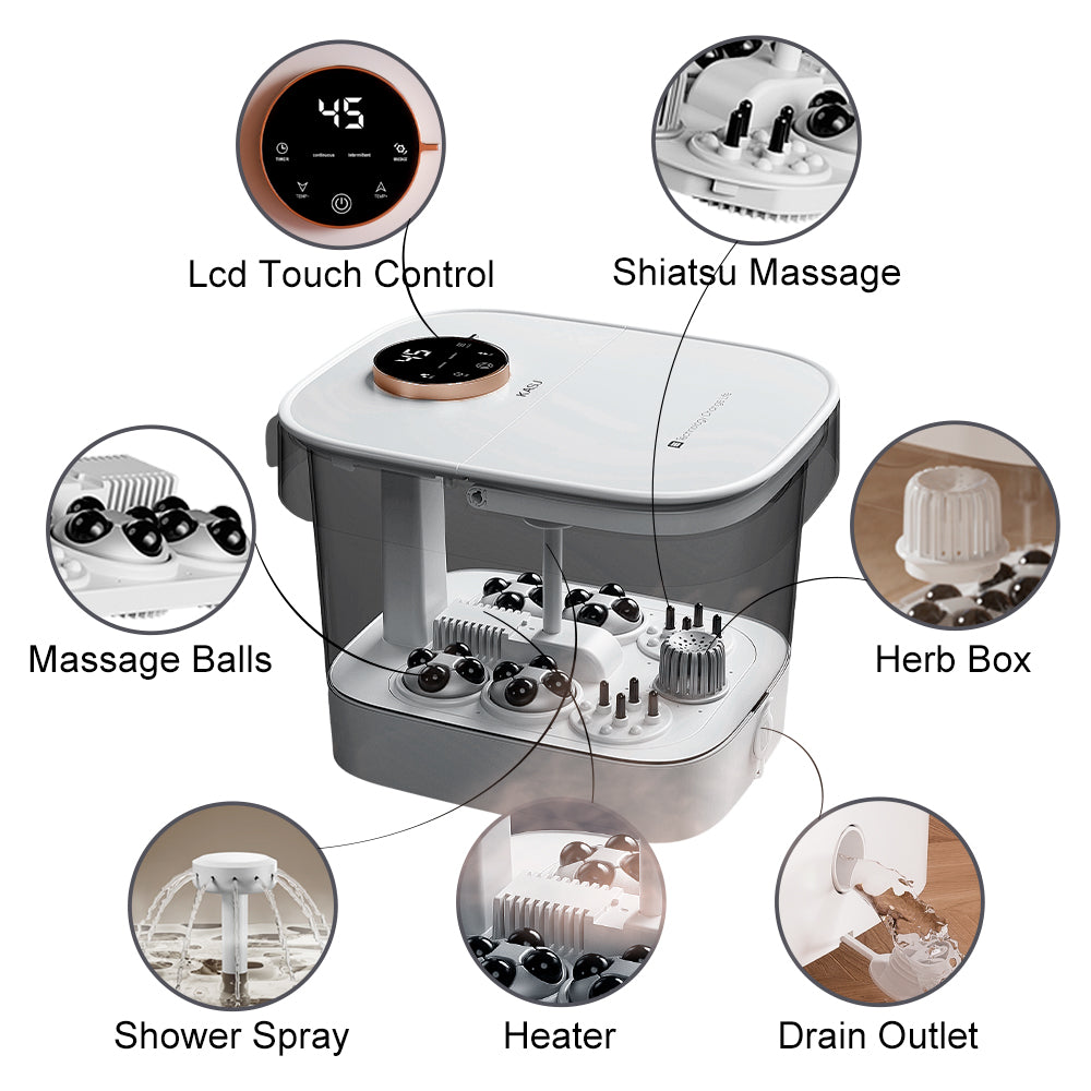 KASJ T6 Masseur de Bain de Spa pour Pieds Électrique avec 4 Rouleaux Rotatifs & 2 Points d'Acupuncture pour les Talons – Température Réglable, Minuterie, Roulettes de Déplacement Faciles & Vidange Rapide pour le Soulagement du Stress