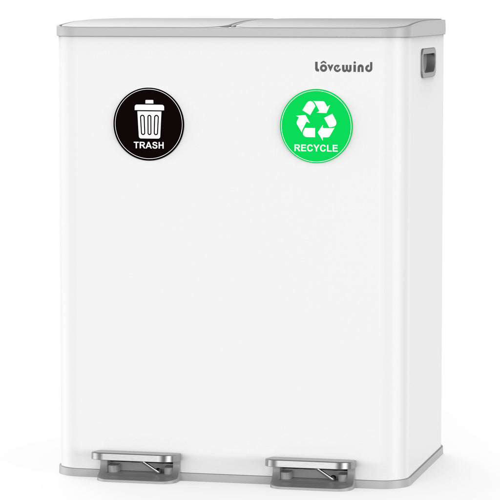 Poubelle de cuisine 60 L (2 x 30 L) en acier inoxydable, poubelle et bac de recyclage combinés avec couvercle à fermeture douce, poubelle à pédale à double compartiment pour recyclage, blanc