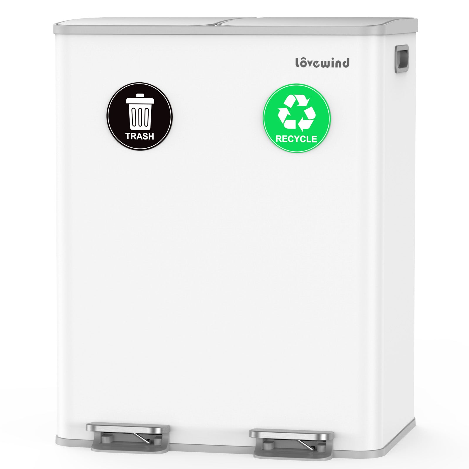 Poubelle de cuisine 60 L (2 x 30 L) en acier inoxydable, poubelle et bac de recyclage combinés avec couvercle à fermeture douce, poubelle à pédale à double compartiment pour recyclage, blanc