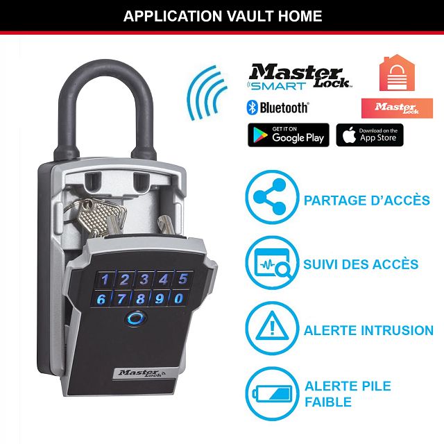 Master Lock Boîte à clés intelligente et connectée avec anse, Bluetooth ou à combinaison, format moyen 183 x 83 x 59 mm, pour l’extérieur, pour la maison, le bureau, l’industrie et les véhicules