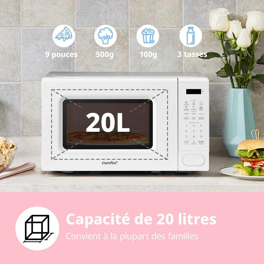 Micro-ondes Numérique COMFEE’ 700W 20L avec 6 Programmes, Cuisson Express, 11 Niveaux de Puissance, Décongélation et Mémoire - Blanc - CM-E202CC(WH)