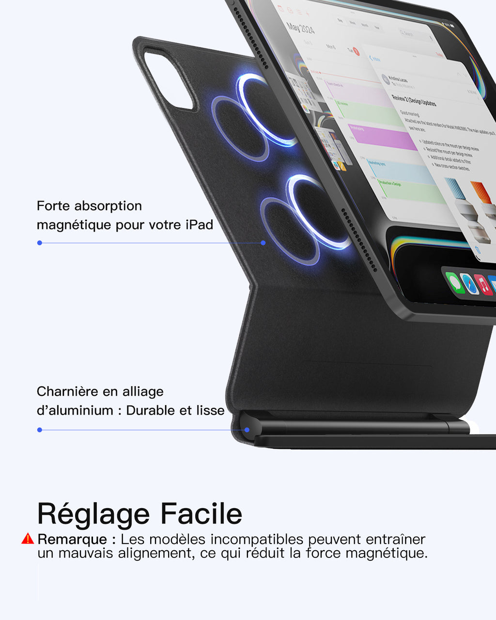Inateck Housse Clavier magnétique pour iPad Air 11" M4/M3/M2, Air 5e/4e gen 10,9", Pro 11" (1re-4e gen) : Support Cantilever Flottant, rétroéclairage 7 Couleurs et trackpad, AZERTY