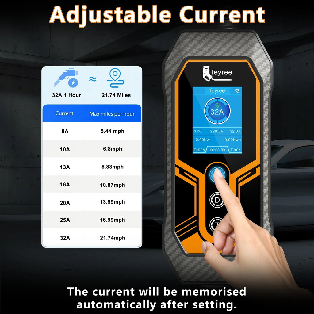 feyree Chargeur de voiture électrique portable type 2 EVSE, avec contrôle via application Wi‑Fi, courant réglable et charge intelligente - 32 A / 7 kW