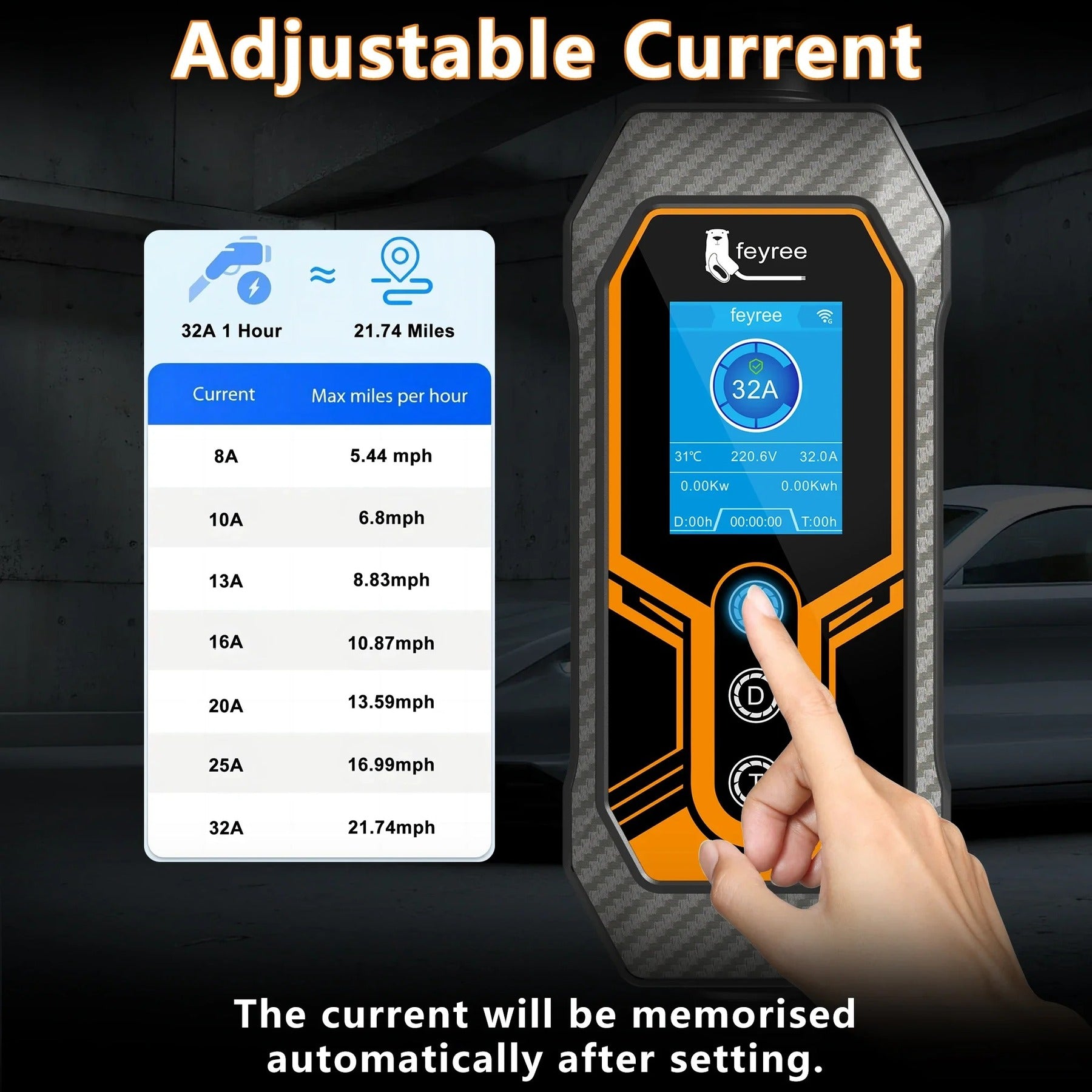 feyree Chargeur de voiture électrique portable type 2 EVSE, avec contrôle via application Wi‑Fi, courant réglable et charge intelligente - 32 A / 7 kW