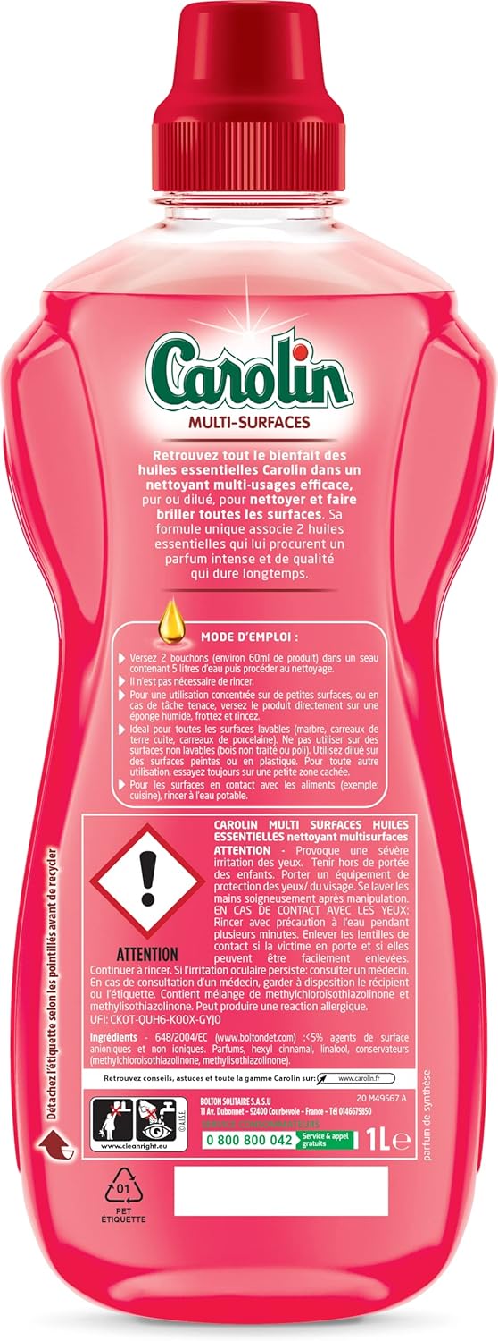 Carolin Nettoyant Multi-Surfaces aux Huiles Essentielles, Sans Rinçage, Pivoine & Musc Blanc, 1 L