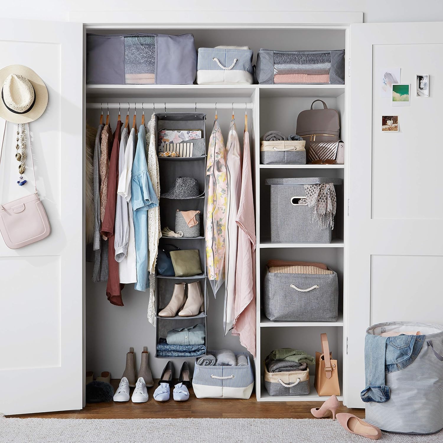 ANQI Organiseur de penderie suspendu avec poches à 6 niveaux gris - D 21 x L 30 x H 22 cm