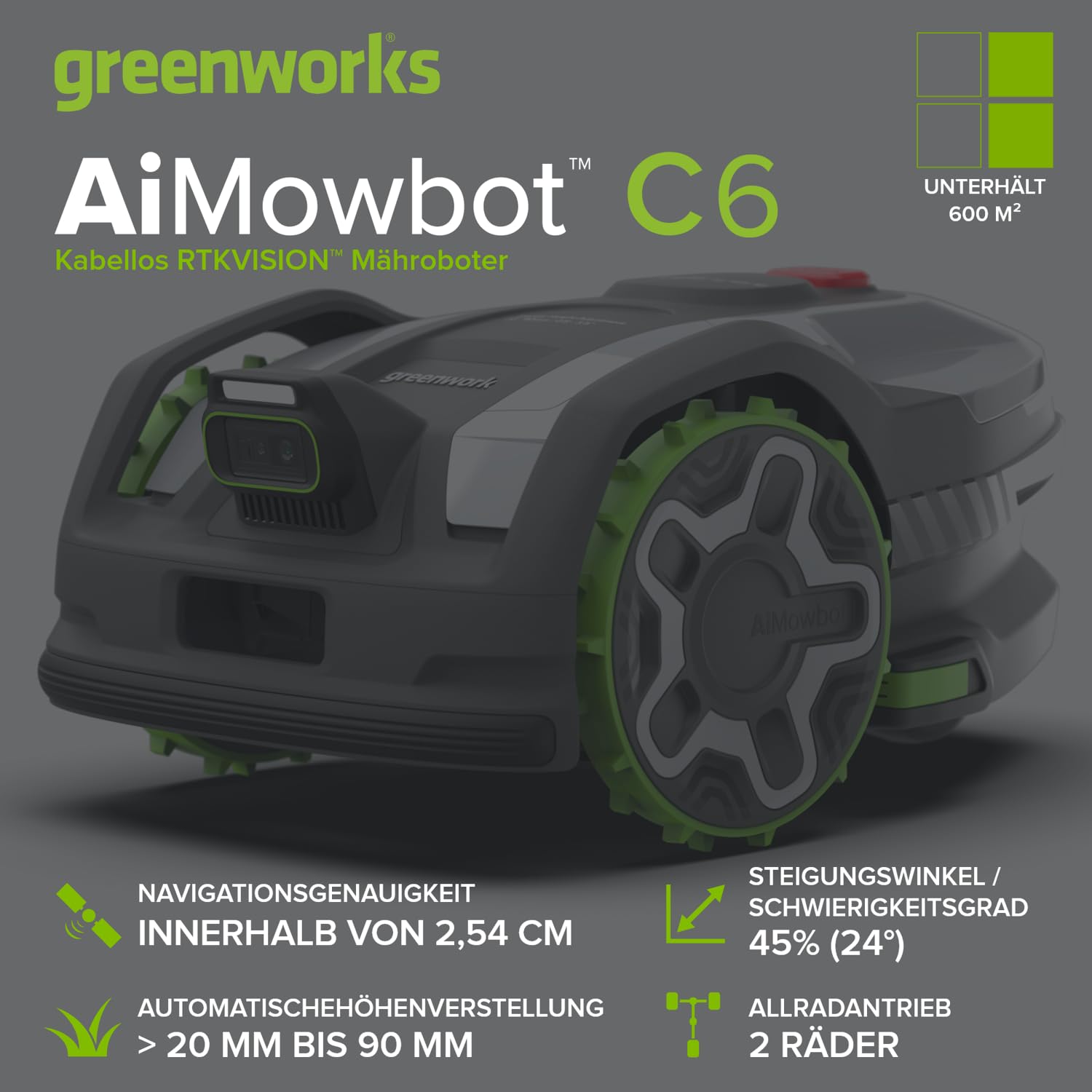 greenworks AI Mowbot C6 Robot-tondeuse sans fil périphérique, Max. 600 m², Navigation RTK, Cartographie automatique, Bordure virtuelle, Contrôle multi-zones, Extrêmement silencieux