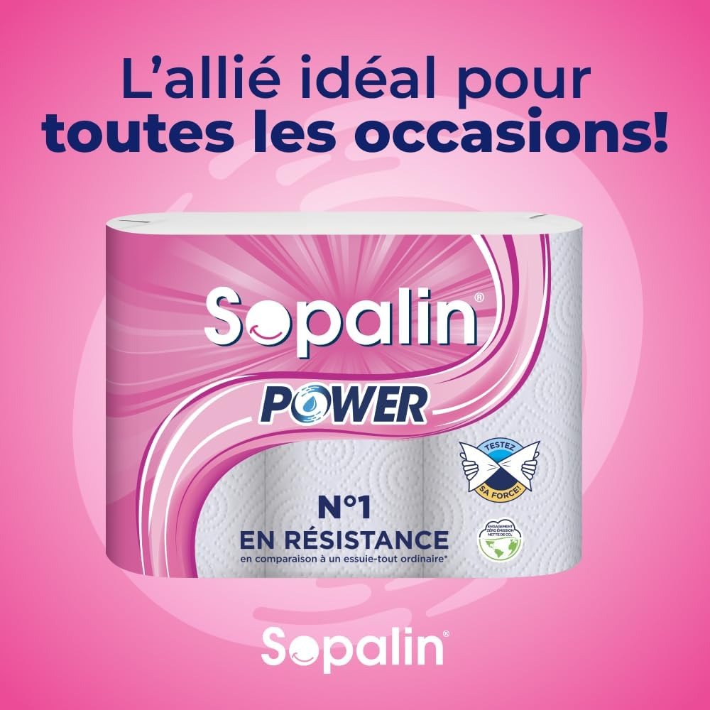 SOPALIN Essuie-Tout 2 Épaisseurs Résistance Extra à l'Humide, 45 Feuilles par Rouleau, 3 Rouleaux