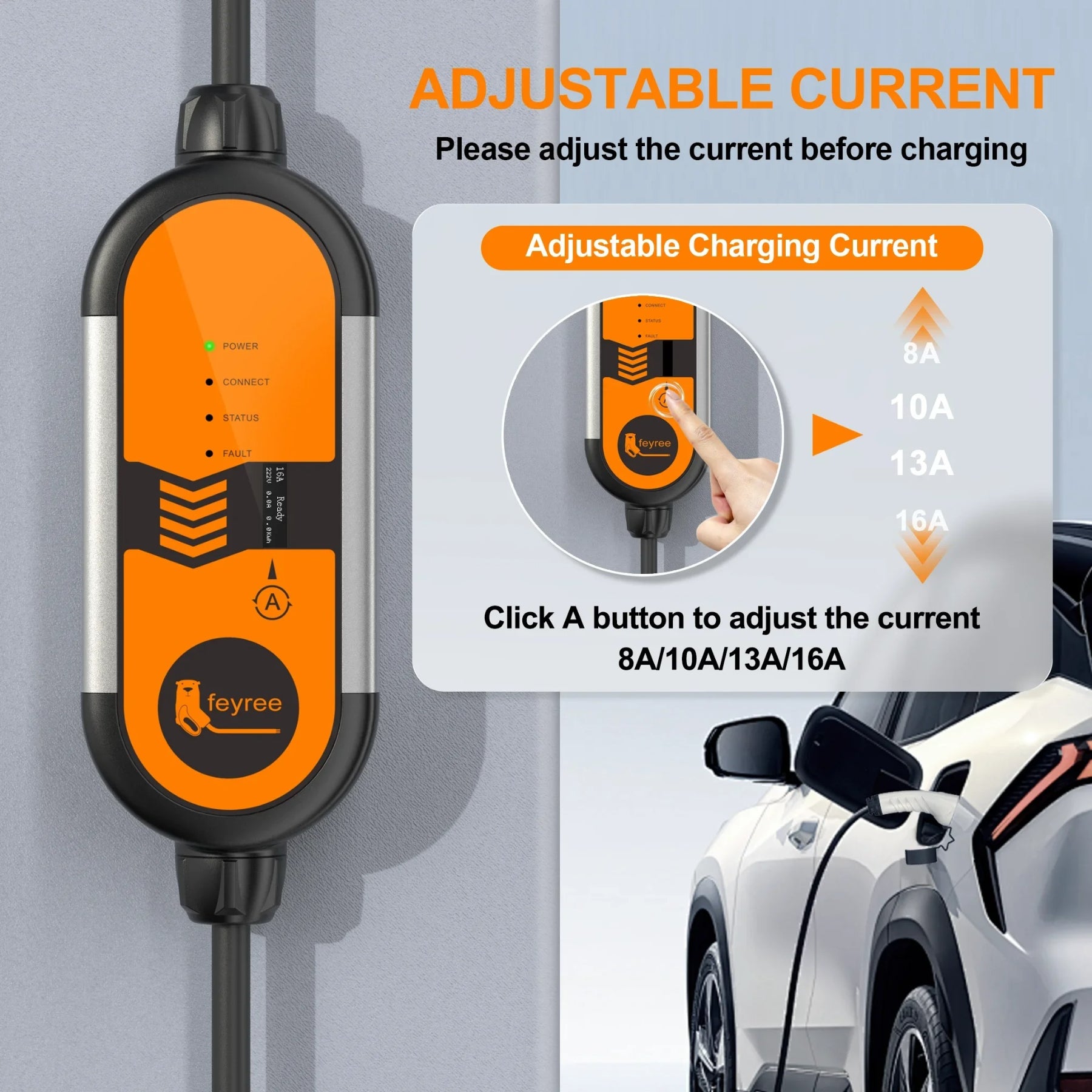 Feyree Chargeur portable pour véhicule électrique type 2 16 A 3,5 kW, Câble de recharge 5 m avec prise Schuko, Courant réglable pour chargeur de voiture électrique