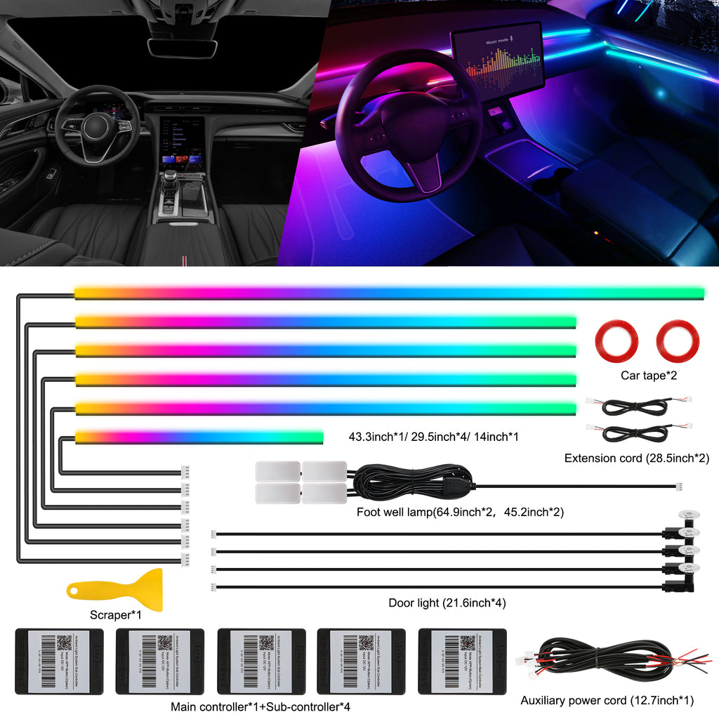 Dreamcolor Ruban LED en acrylique pour intérieur de voiture avec contrôle via application, RGB 14-en-1, 175 pouces, 593 LED néon et synchronisation musicale