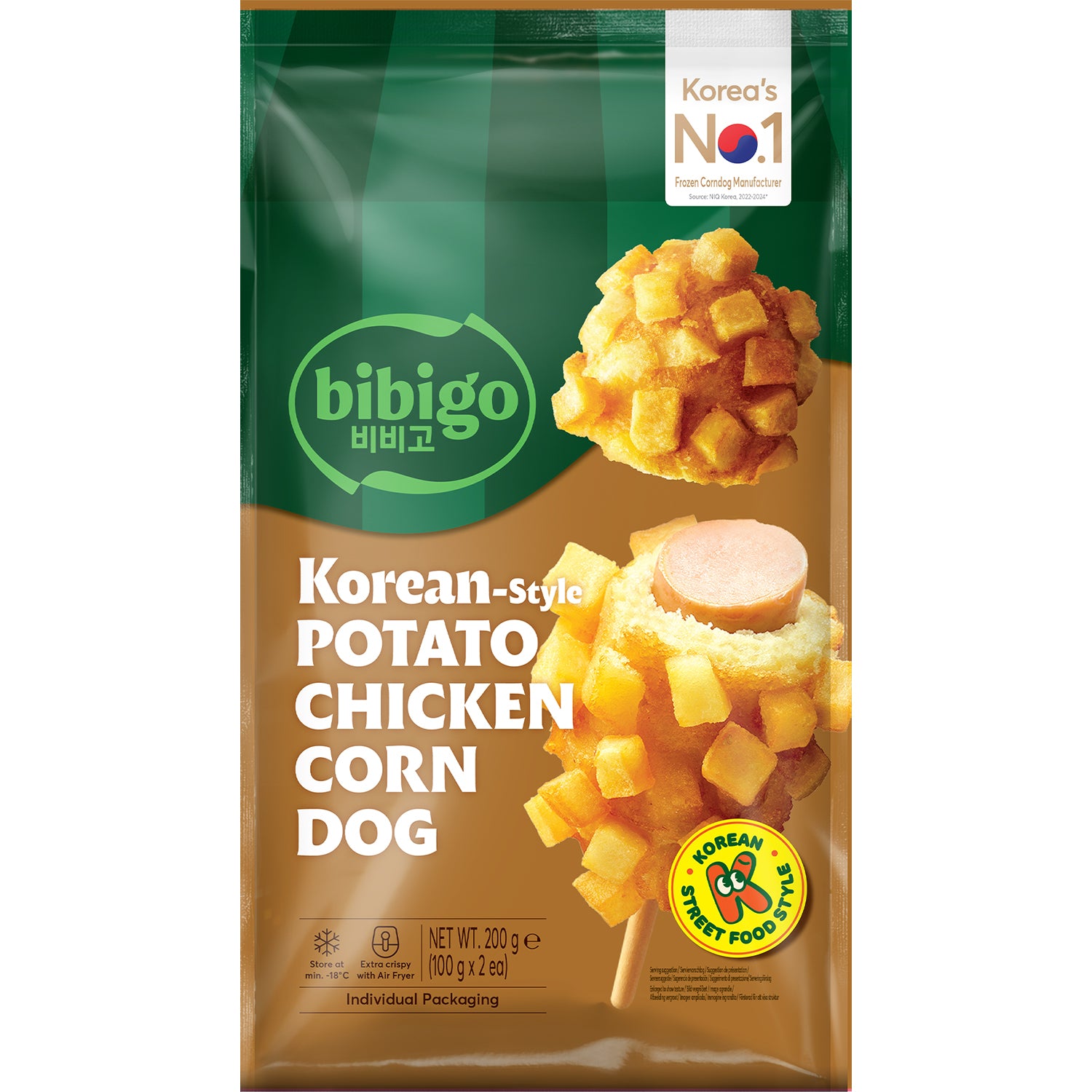 BIBIGO Lot de 2 corn dogs au poulet et aux pommes de terre à la coréenne - 200 g