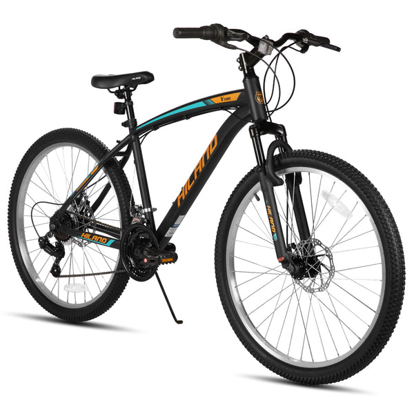 Hiland Ridge VTT adulte, cadre robuste en acier haute résistance, vélo de trajet urbain homme femme, fourche à suspension avant, 18 vitesses, double frein à disque, 26 pouces