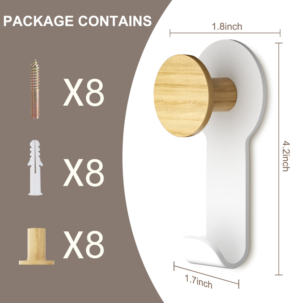 KAPANOU Lot de 8 porte-manteaux muraux en bois avec support métallique robuste - Blanc