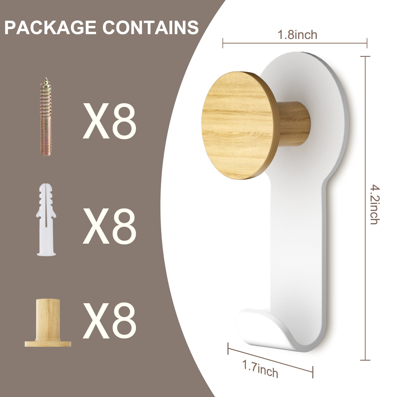 KAPANOU Lot de 8 porte-manteaux muraux en bois avec support métallique robuste - Blanc