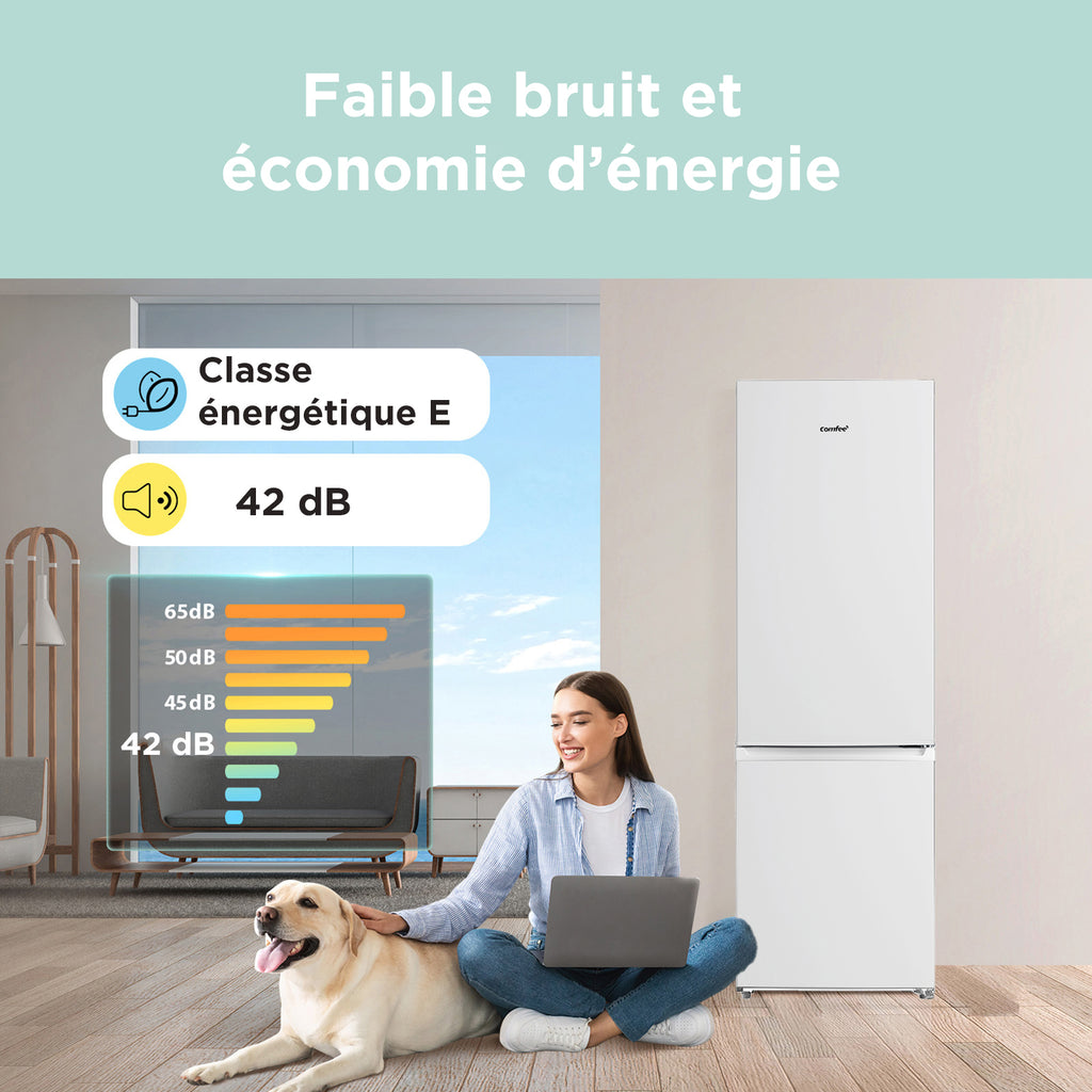 Combiné réfrigérateur/congélateur Comfee by Midea 188 cm classe E NoFrost, éclairage LED, 224 L réfrigération + 86 L congélation, fonction Super Réfrigération RCB310WH2EU(E)