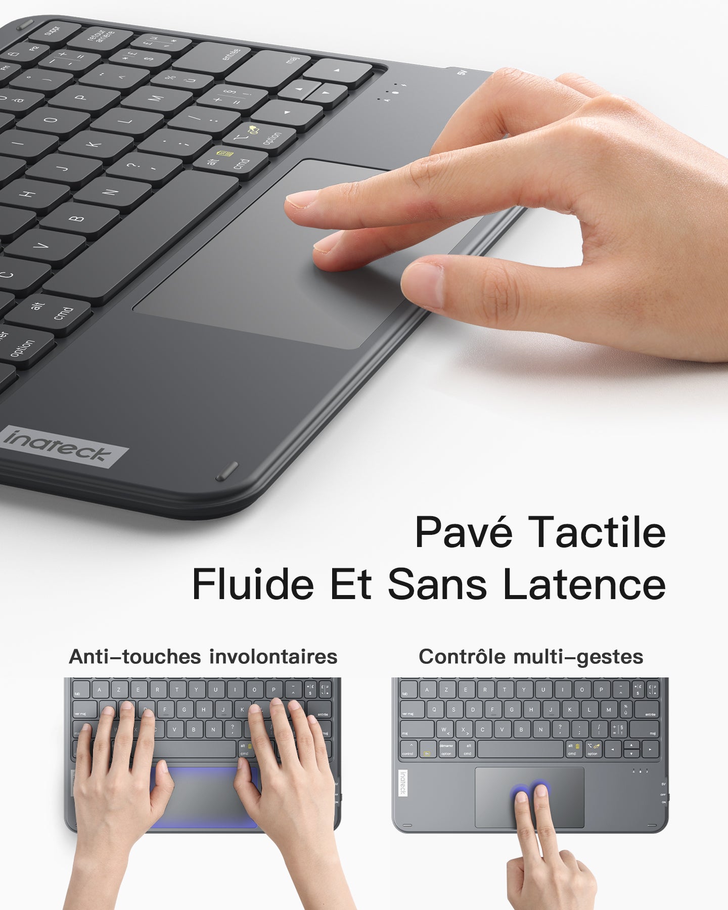 Inateck Clavier Bluetooth 3 canaux avec pavé Tactile, Clavier sans Fil AZERTY Ultra Fin et Portable, Compatible avec iPad OS,Windows et Android, KB01105 Gris
