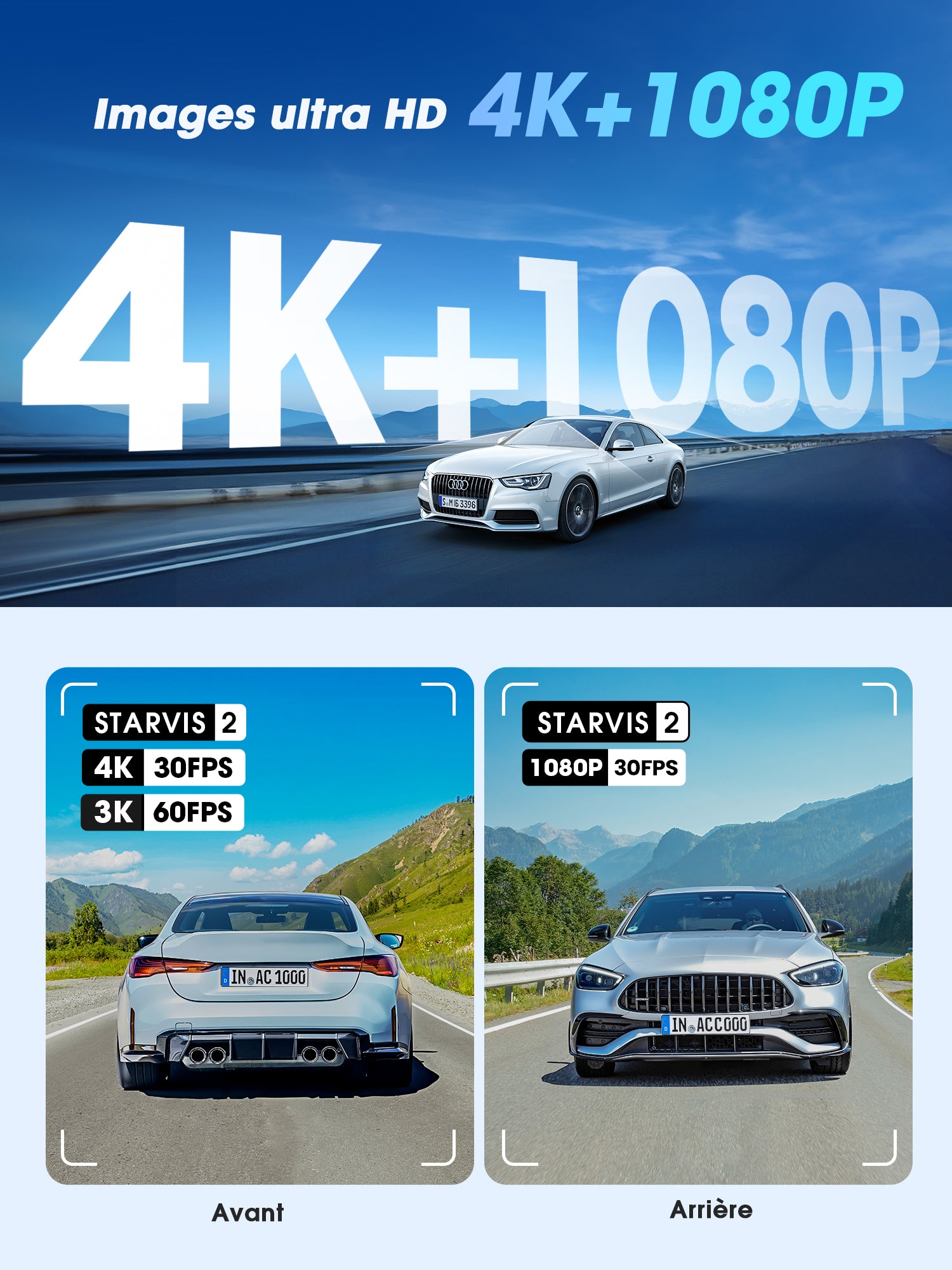 DDPAI Z60 Pro Dashcam 4K 3 Pouces DVR Voiture Double Caméra Avant et Arrière STARVIS 2 IMX678 et IMX622 60 FPS HDR AI-ISP Vision Nocturne WiFi 5 GHz GPS Support Mode Stationnement 24 H - 3 Canaux