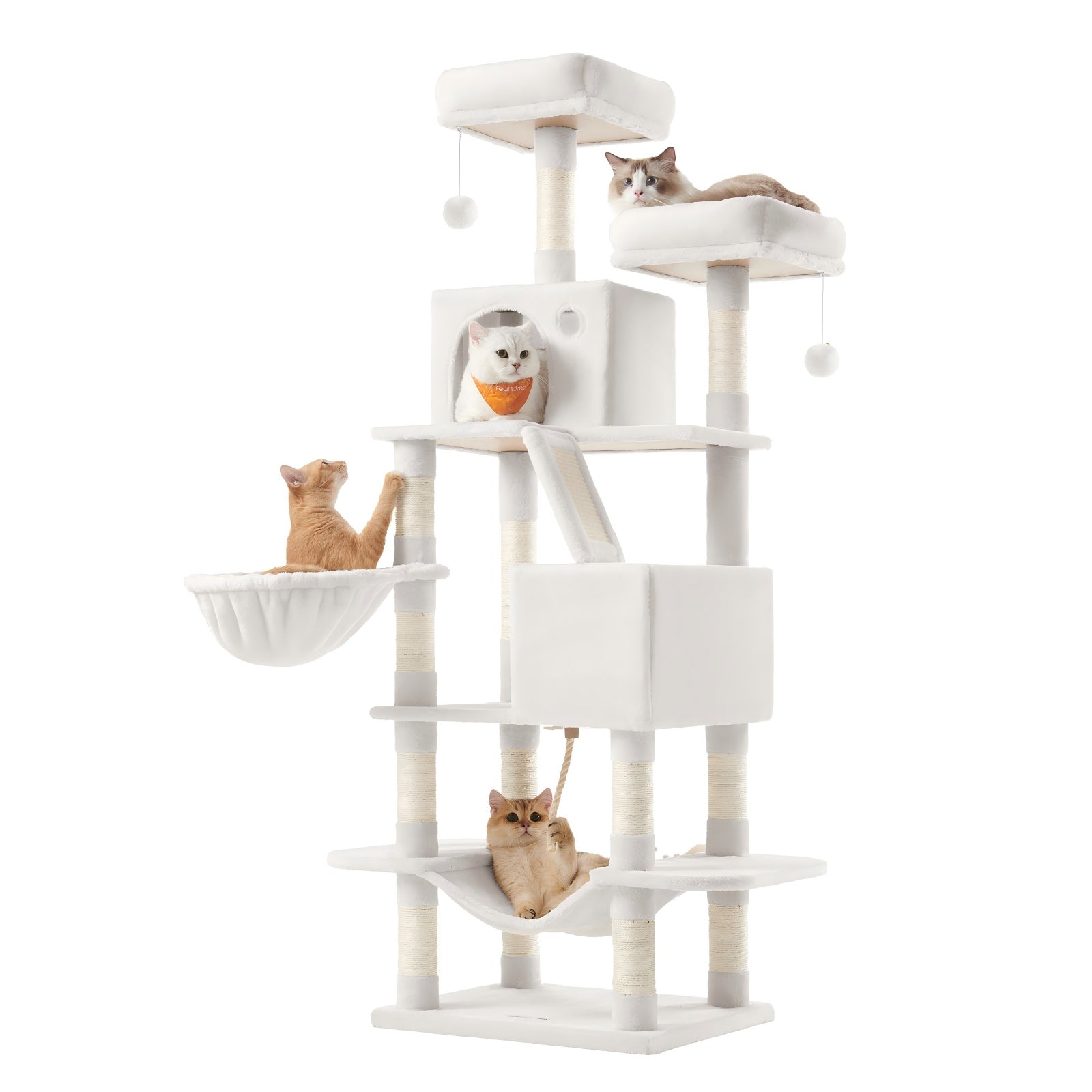 JOYFURNOS Arbre à chat, grande tour pour chat de 168 cm avec 13 poteaux à griffer, 1 rampe à griffer, 2 perchoirs, 2 niches, panier, hamac, pompons, blanc crème