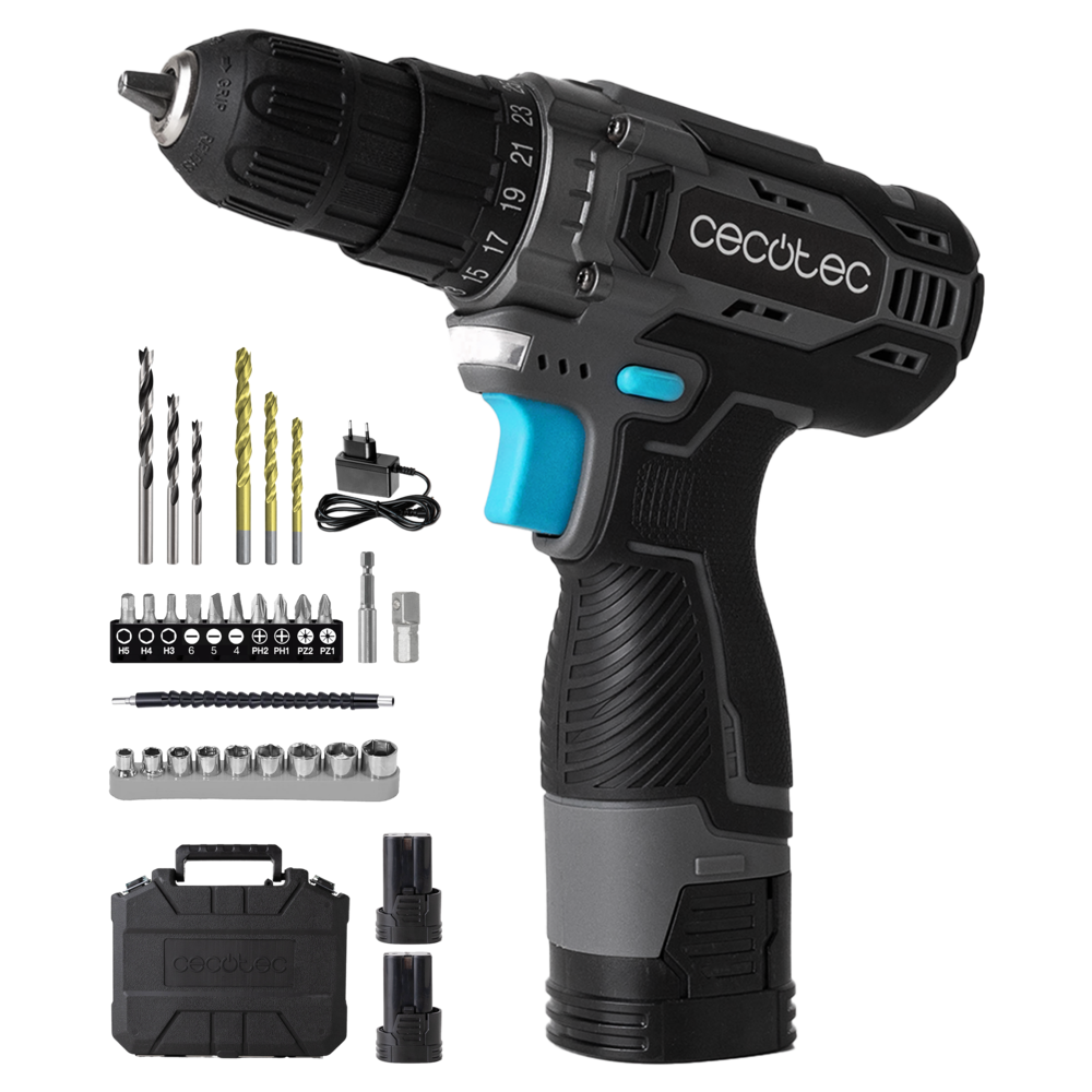 Cecotec PowerForce 1620 Easy Hand 16V Cordless Drill Driver Kit - 38Nm Power Drill with 2x 2.0Ah Batteries, 1500 RPM, 25+1 Torque Settings, Carrying Case & Accessories for Home & DIY