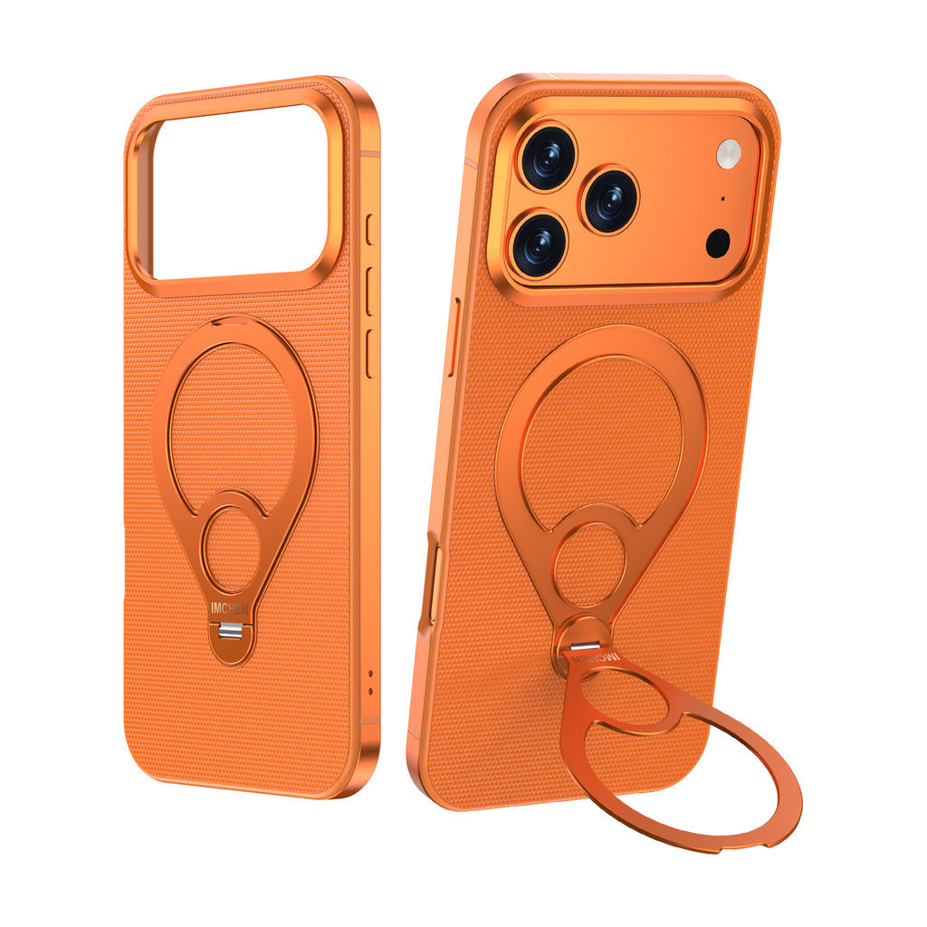 Coque pour iPhone 17 Pro, cadre en alliage, support métallique rotatif à 360°, anneau de maintien en cuir premium, anti-choc, orange, 1 pièce