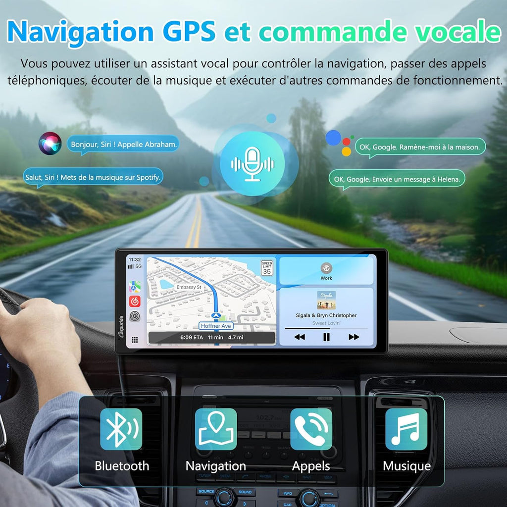 CARPURIDE stéréo de voiture portable, V92 Wireless Carplay & Android Auto, radio tactile 10,26 pouces 1080P HD avec BT 5.0, prise en charge Mirror Link