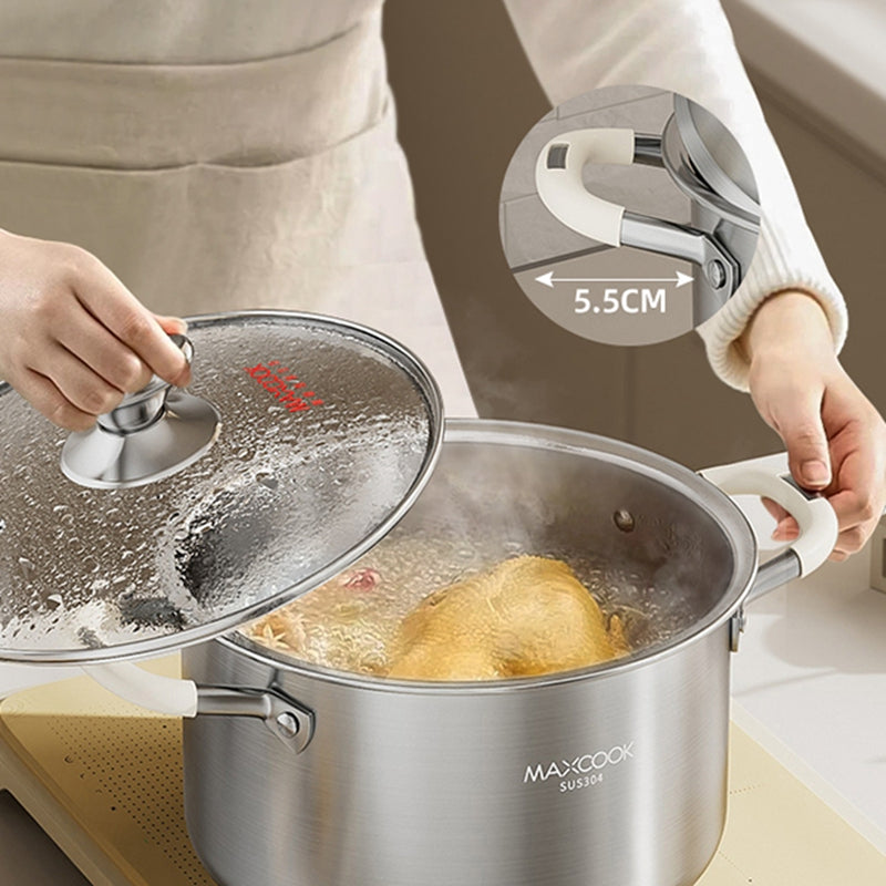 MAXCOOK Faitout tous feux 22 cm en acier inoxydable 304 avec couvercle en verre et poignées en silicone - 4,3 L