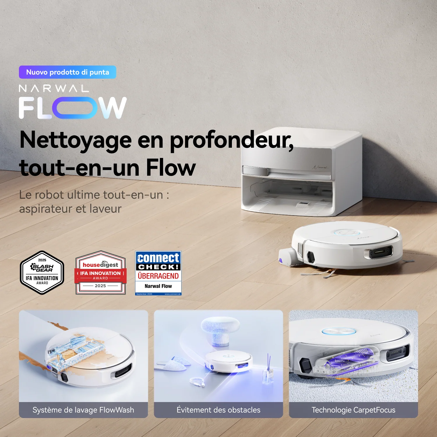 Narwal Flow Robot aspirateur laveur avec kit de raccordement à l'eau – Blanc