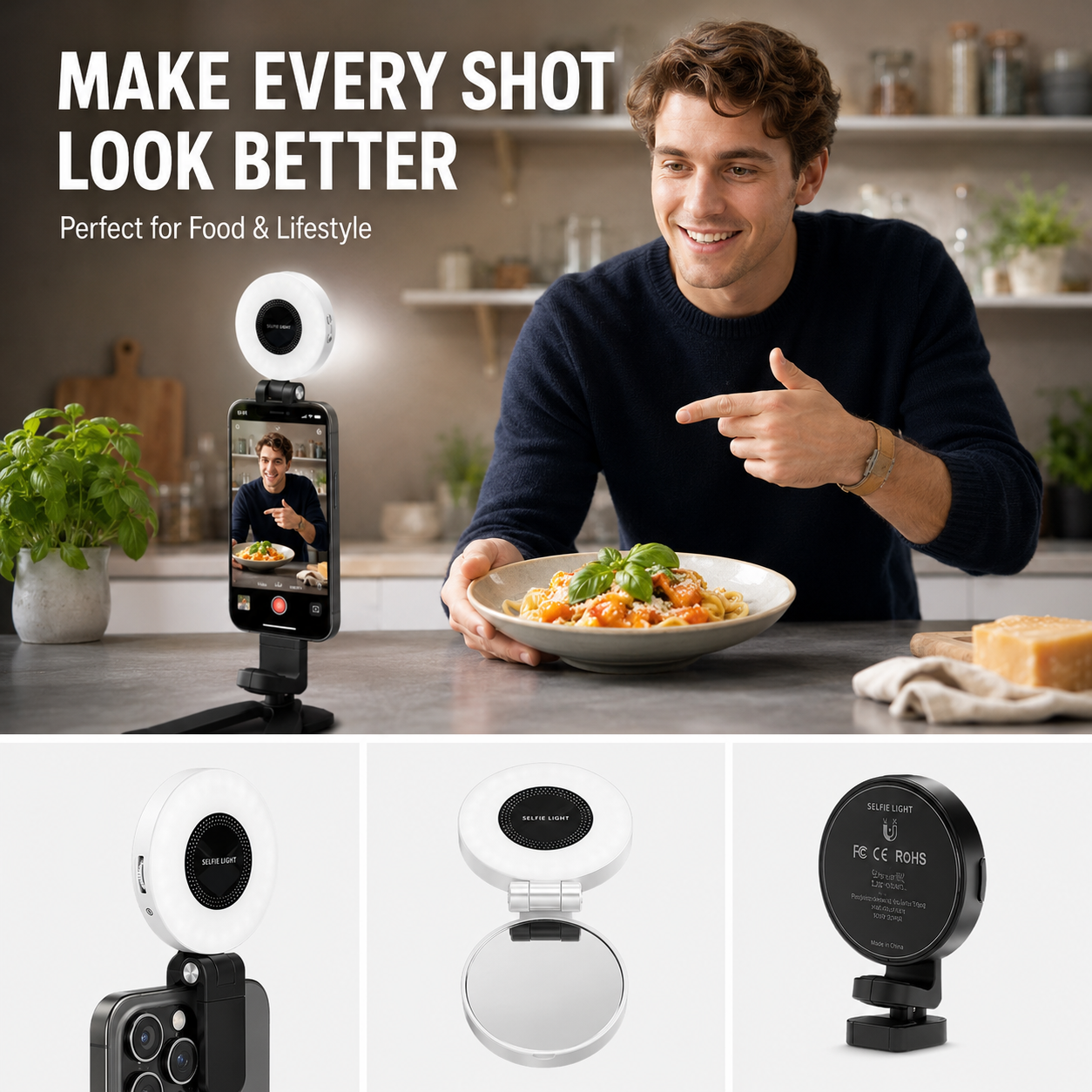 VoxorAI M28 Noir Éclairage d’appoint pour égoportraits, miroir avec fixation magnétique. Qualité IRC 95+, bande lumineuse LED 360° et miroir en un. Compatible avec iPhone/Android