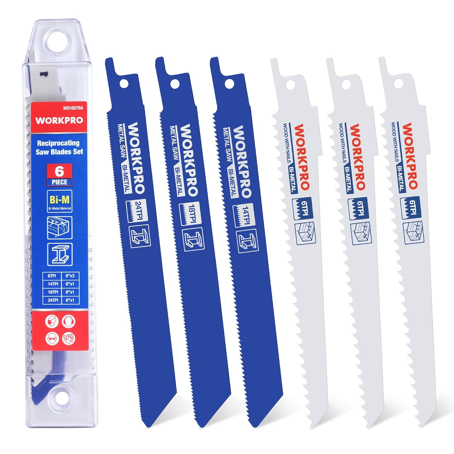 WORKPRO Lot de 6 lames de scie sabre bimétal pour bricolage et coupe du métal, du bois avec clous et du plastique, avec boîte de rangement