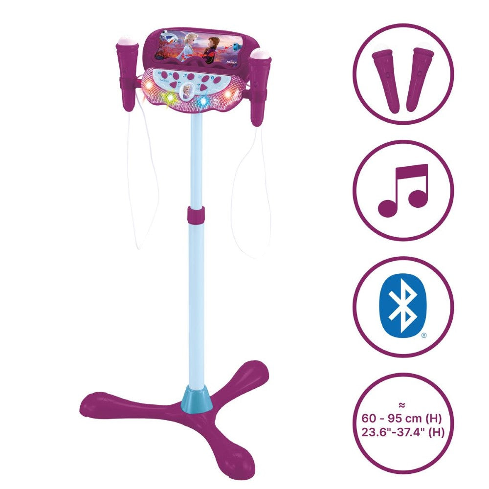 Lexibook Microphone La Reine des Neiges sur pied ajustable lumineux avec enceinte, 2 Micros et Effets vocaux, Enceinte Bluetooth