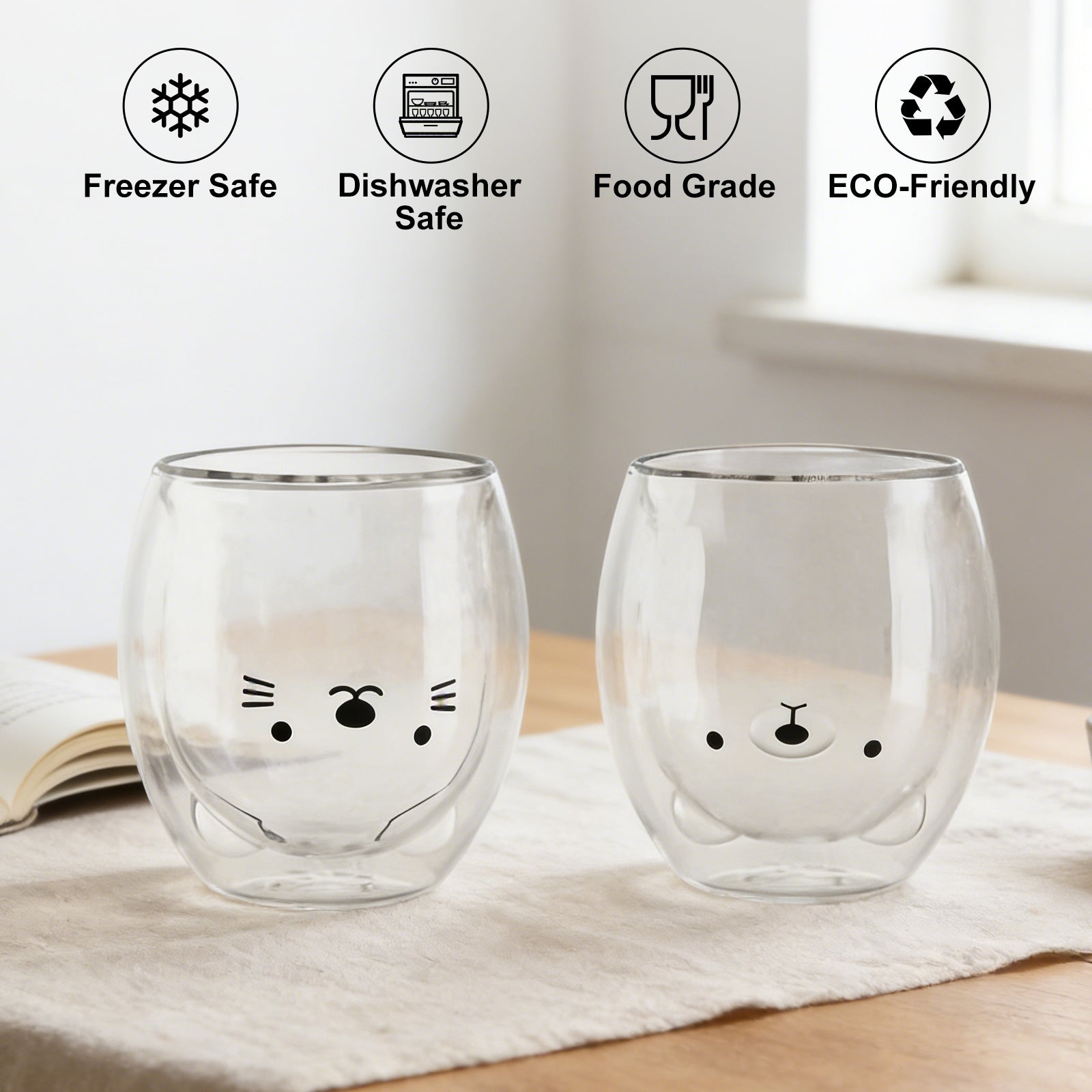 Ju7cer Lot de 2 verres à double paroi chat et ours - 260 ml