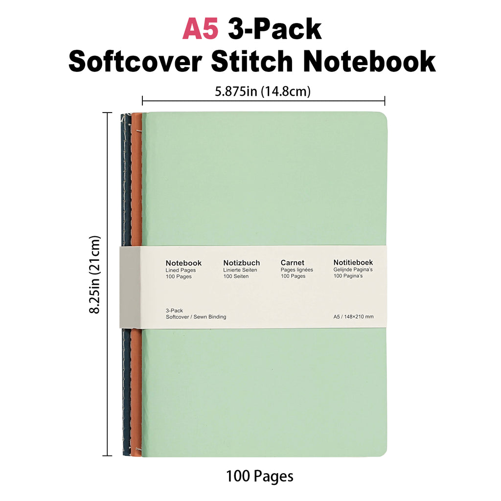 Jubiluu Lot de 3 carnets piqués A5 à couverture souple 50 feuilles Papier offset 80 g Journal ligné crème classique Pour école bureau journal intime ou prise de notes quotidienne Pastels frais
