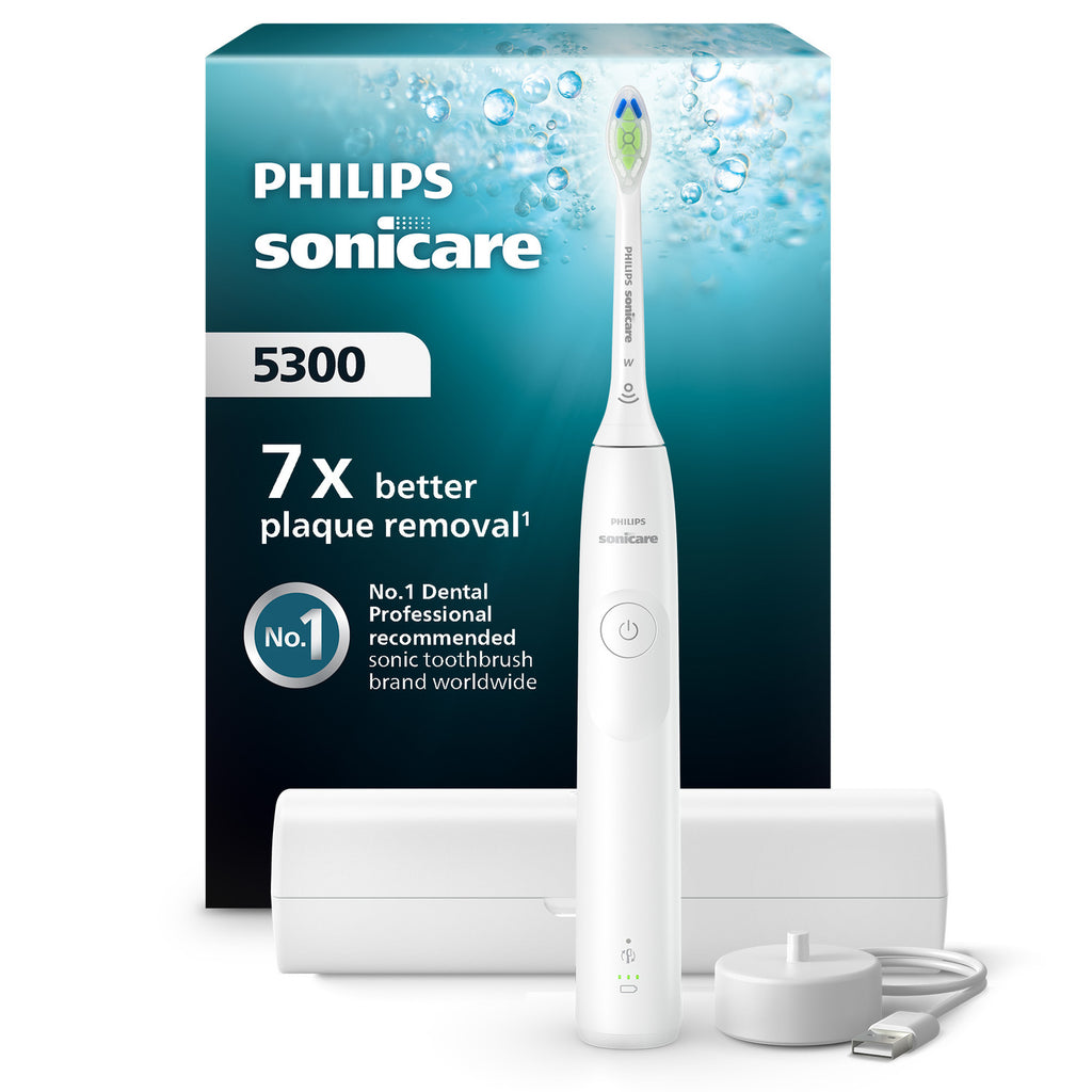 Philips Sonicare Series 5300 HX7108/02 Brosse à dents électrique - technologie sonique nouvelle génération, capteur de pression, 2 intensités, étui de voyage, autonomie 21 jours - Blanc