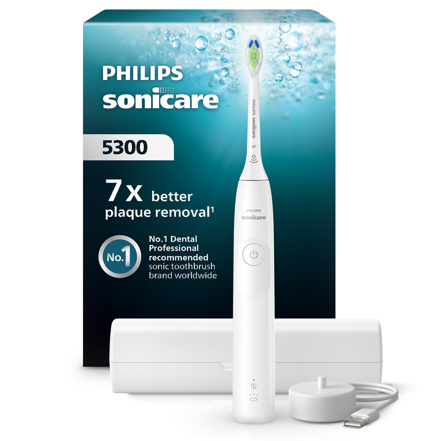 Philips Sonicare Series 5300 HX7108/02 Brosse à dents électrique - technologie sonique nouvelle génération, capteur de pression, 2 intensités, étui de voyage, autonomie 21 jours - Blanc