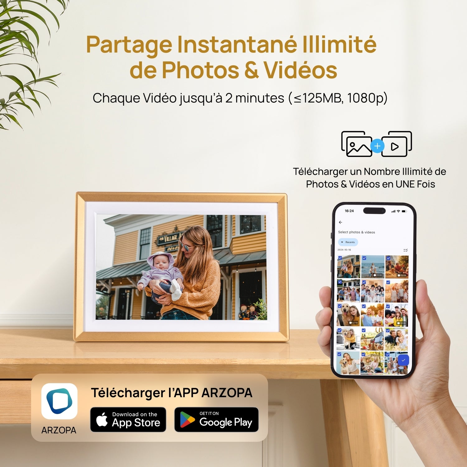 ARZOPA D10 Cadre photo numérique en métal 10,1 pouces, Stockage cloud gratuit, Cadre photo Wi-Fi, Écran tactile HD numérique, Sans abonnement, Partage photos vidéos, Carte de vœux individuelle à offrir en cadeau - D10 Or