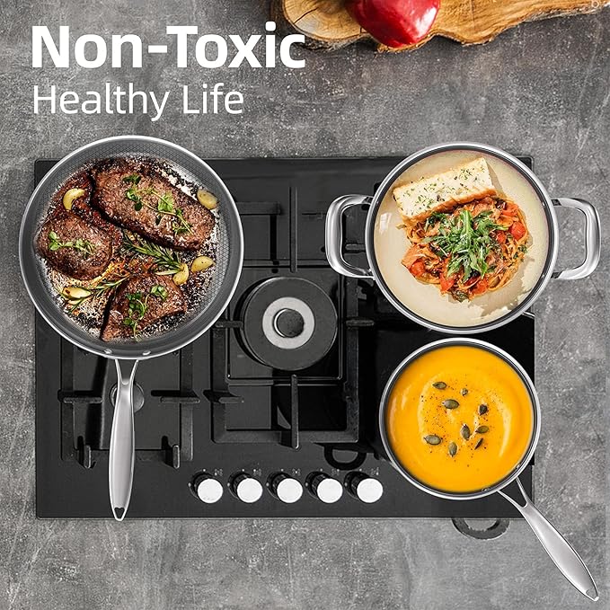 COOKER KING Lot de 3 poêles en acier inoxydable (8 + 10 + 12 pouces), poêles antiadhésives, compatible induction, poêle chef, passe au lave-vaisselle et au four, poignées isolantes, compatible avec tous types de plaques