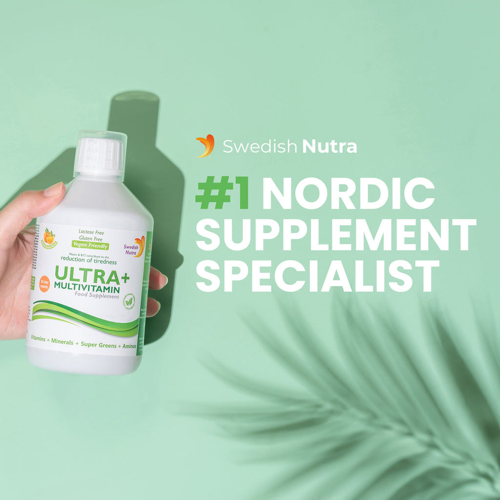Swedish Nutra Ultra+ Multivitamines Liquide Complément Alimentaire - 500 ml, 33 Jours d'Approvisionnement | Vitamines, Minéraux, Super Greens & Aminos | Boost Énergie, Bien-être & Système Immunitaire | Arôme Orange | Pour Hommes & Femmes