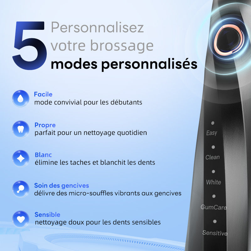 SAKYPRORAL T2 MAX Brosse à dents électrique avec 6 têtes de brosse, 5 modes de brossage, autonomie de 75 jours, minuteur intelligent - Noir