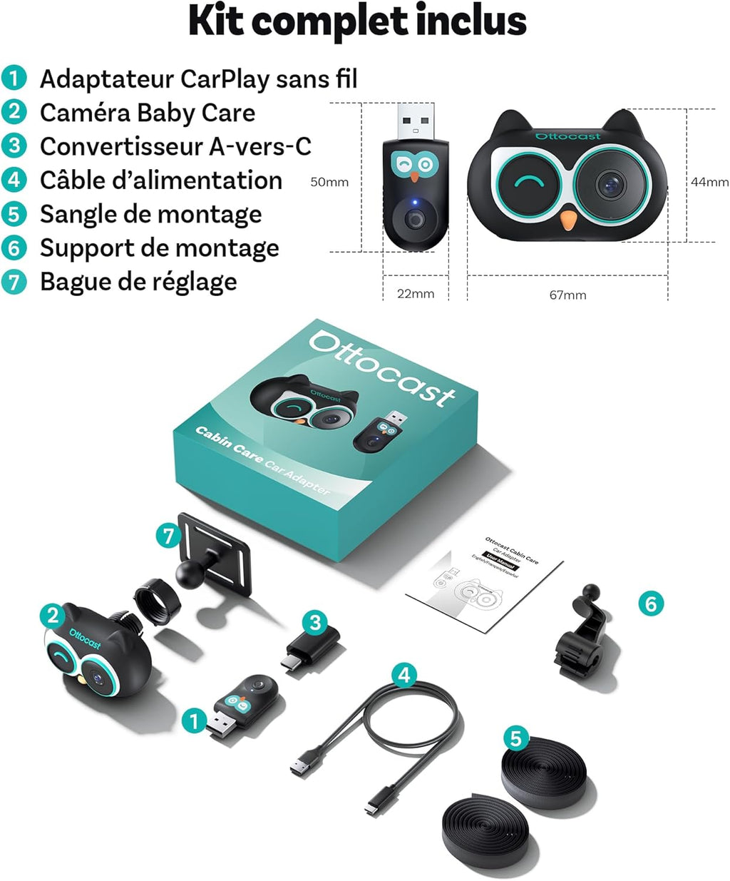 OTTOCAST Cabin Care Caméra voiture pour bébé, Écran partagé pour CarPlay sans fil et vue bébé, Vision nocturne sans lueur, Prêt à l’emploi, Grand angle 150°, 1080P